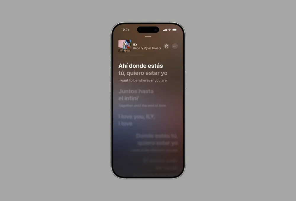 Giao diện Apple Music hiển thị lời bài hát với bản dịch trực tiếp
