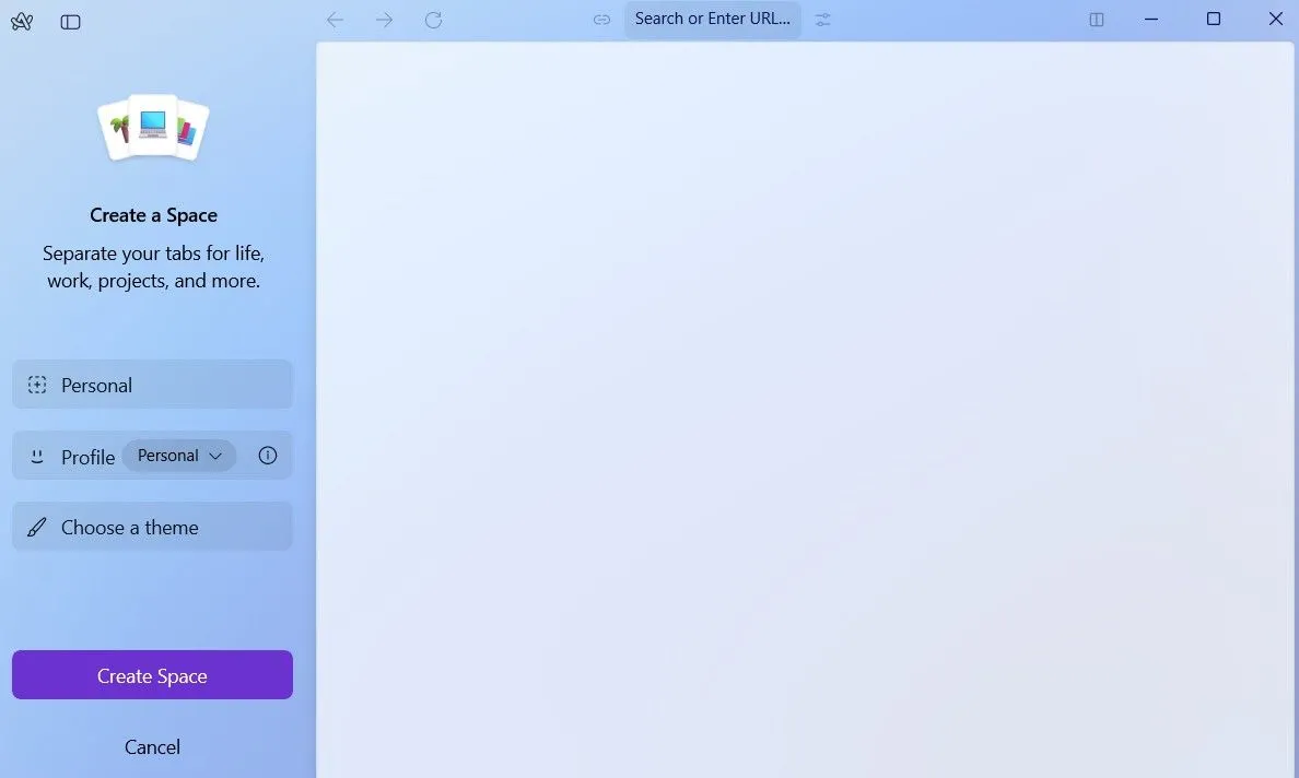 Giao diện Arc Browser hiển thị tùy chọn 'Create Space' để tạo các không gian làm việc hoặc giải trí riêng biệt, giúp quản lý tab hiệu quả