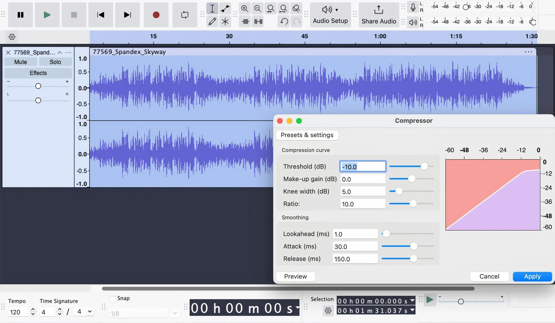 Giao diện Audacity đang chọn plugin Compressor để chỉnh sửa âm thanh