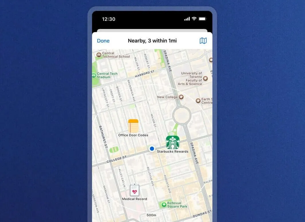 Giao diện bản đồ trong 1Password hiển thị các mục được liên kết với địa điểm cụ thể, giúp dễ dàng truy cập thông tin.