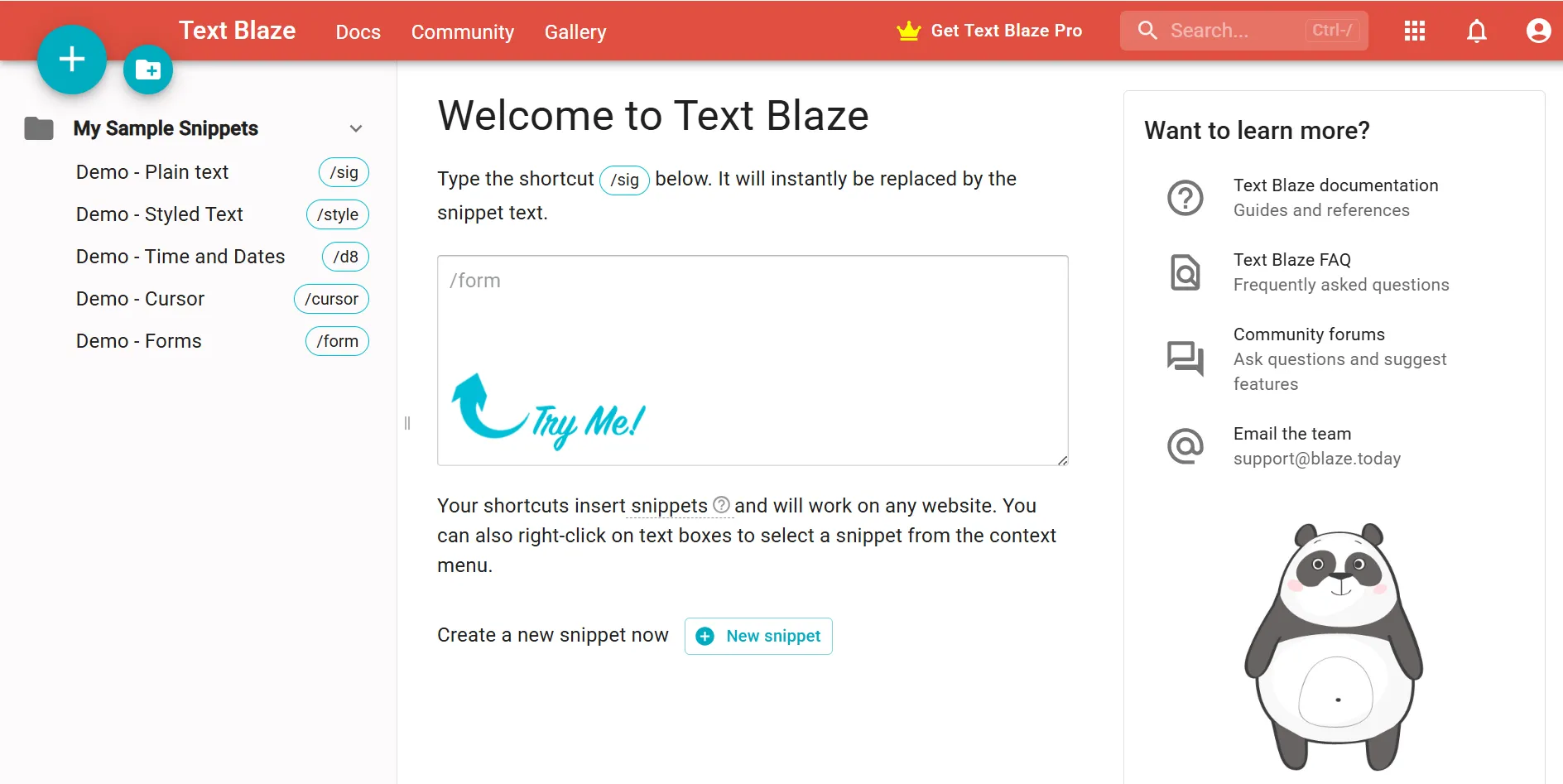 Giao diện bảng điều khiển Text Blaze hiển thị các snippet đã tạo và tùy chọn quản lý