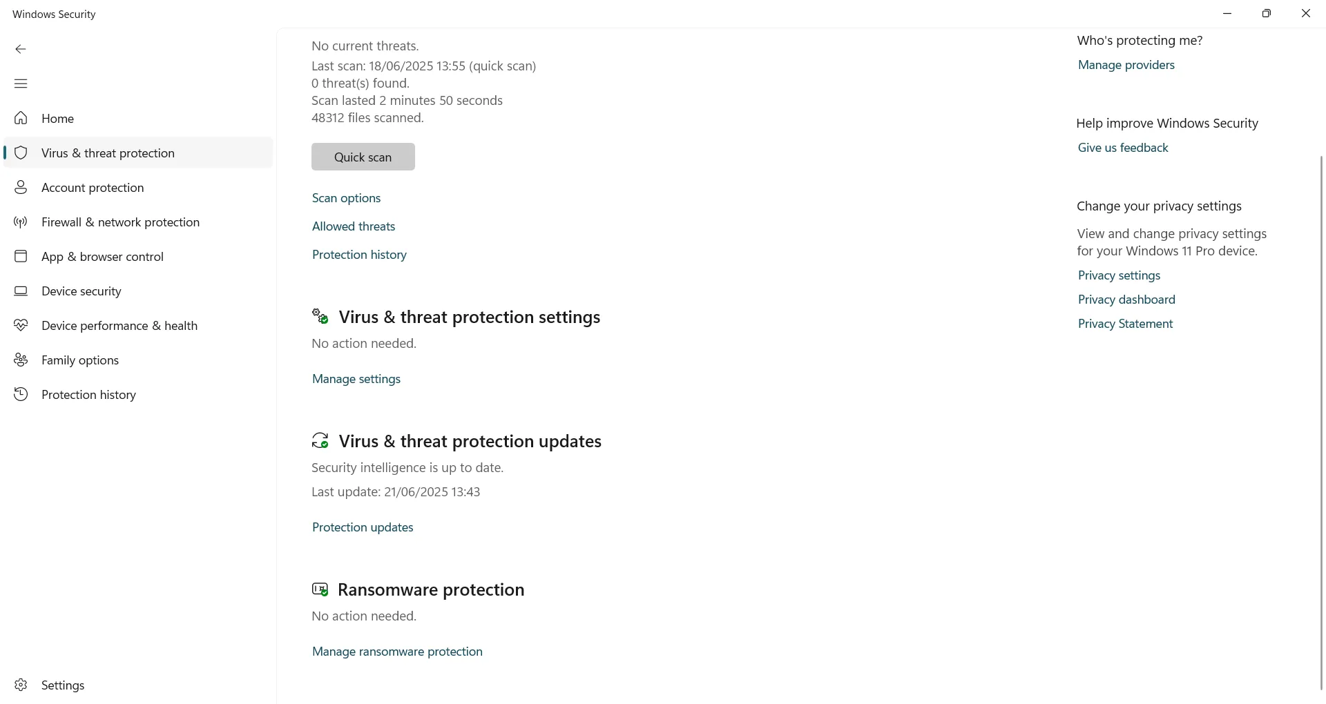 Giao diện Bảo vệ khỏi Virus và mối đe dọa trong Windows Security hiển thị mục Bảo vệ ransomware.