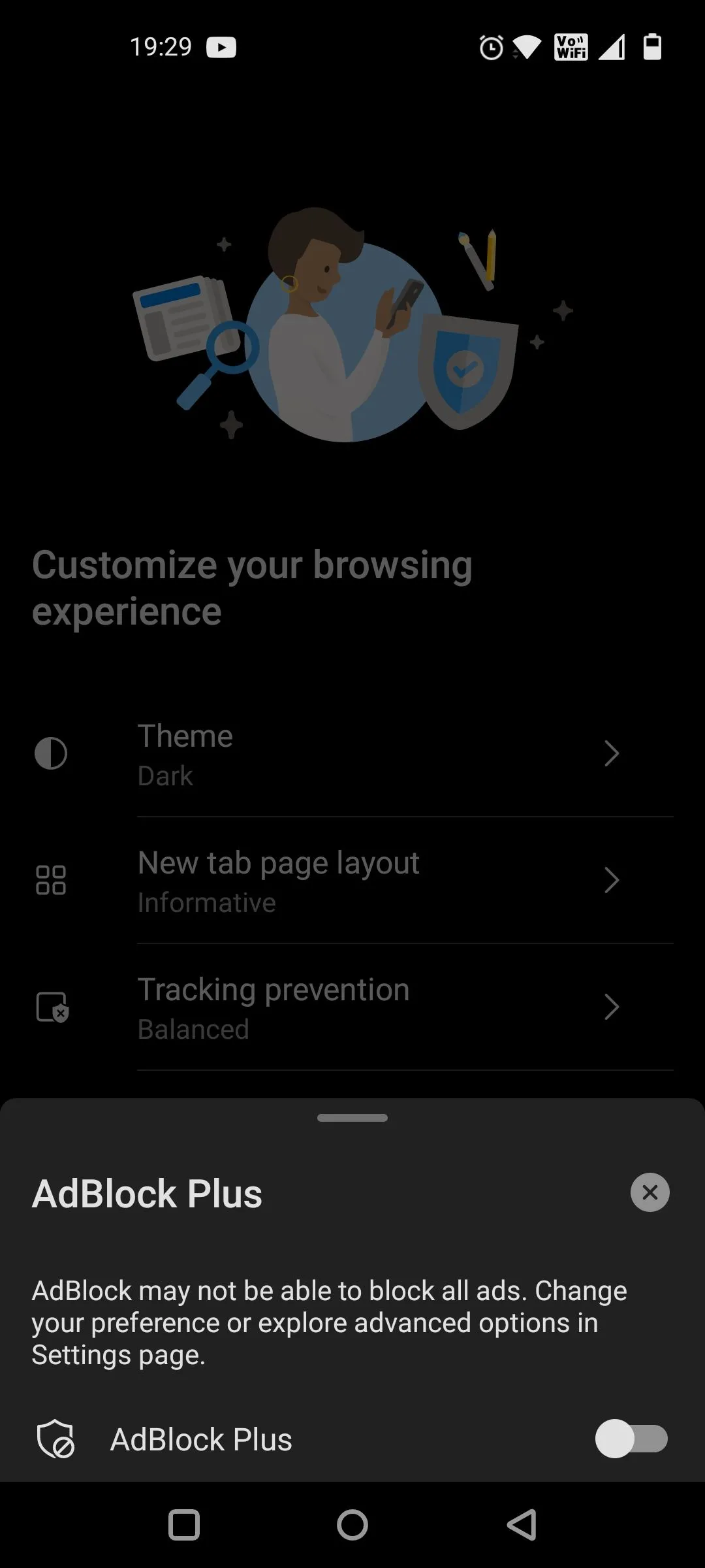 Giao diện bật AdBlock Plus khi cài đặt trên trình duyệt Edge, minh họa cách kích hoạt tiện ích chặn quảng cáo.