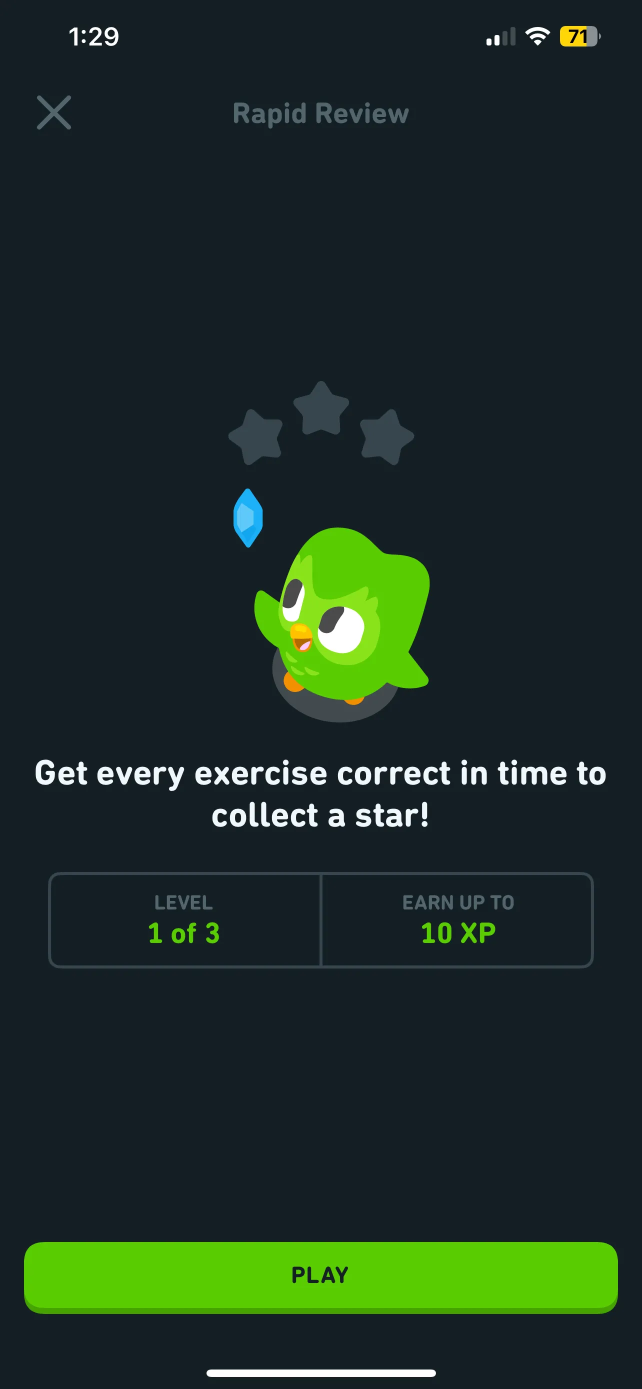 Giao diện bắt đầu một phiên ôn tập nhanh (Rapid Review) trong ứng dụng Duolingo