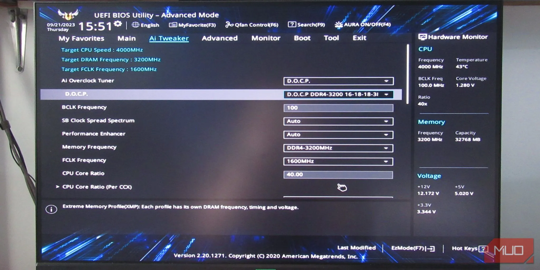 Giao diện BIOS/UEFI hiển thị tùy chọn profile XMP/EXPO (DOCP) đã được kích hoạt để ép xung RAM.