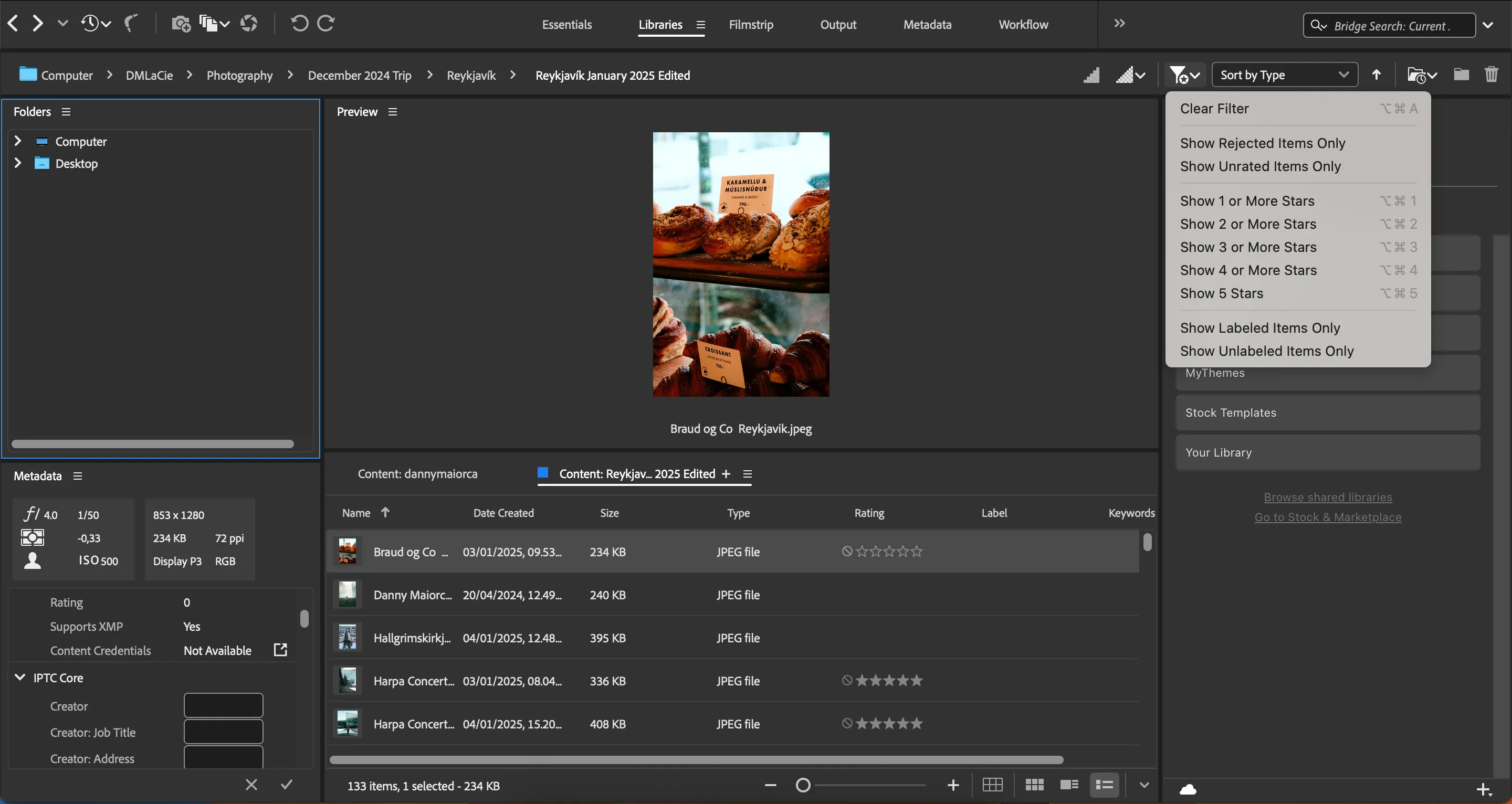 Giao diện bộ lọc trong Adobe Bridge cho phép sắp xếp ảnh theo từ khóa, ngày tạo và xếp hạng sao.