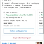 Giao diện Booking.com hiển thị tùy chọn các loại phòng đa dạng cho chuyến đi của bạn.