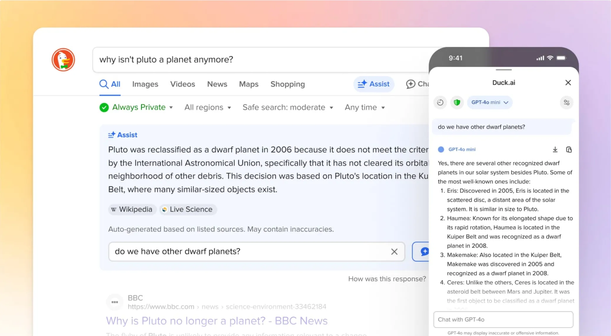 Giao diện các tính năng AI của DuckDuckGo trên trình duyệt máy tính và điện thoại, minh họa quyền riêng tư DuckDuckGo