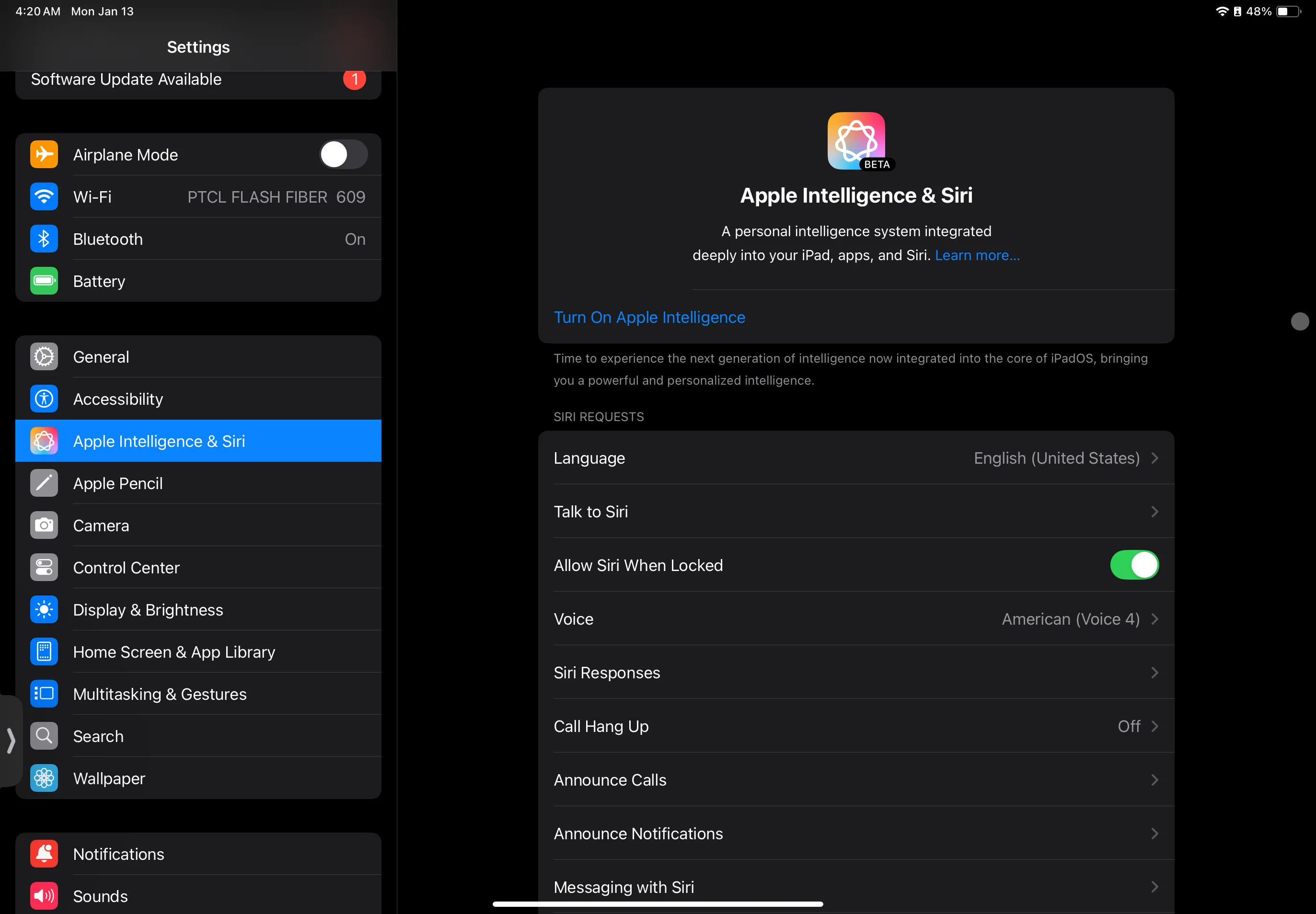 Giao diện cài đặt Apple Intelligence &amp; Siri trên iPad, hướng dẫn bật tính năng AI để sử dụng Reduce Interruptions.