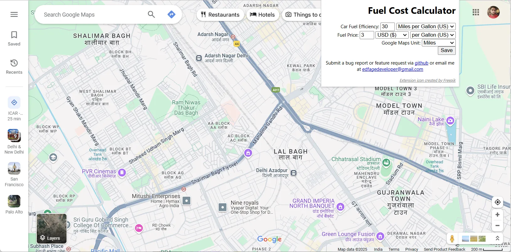 Giao diện cài đặt ban đầu của tiện ích Google Maps Fuel Cost Calculator