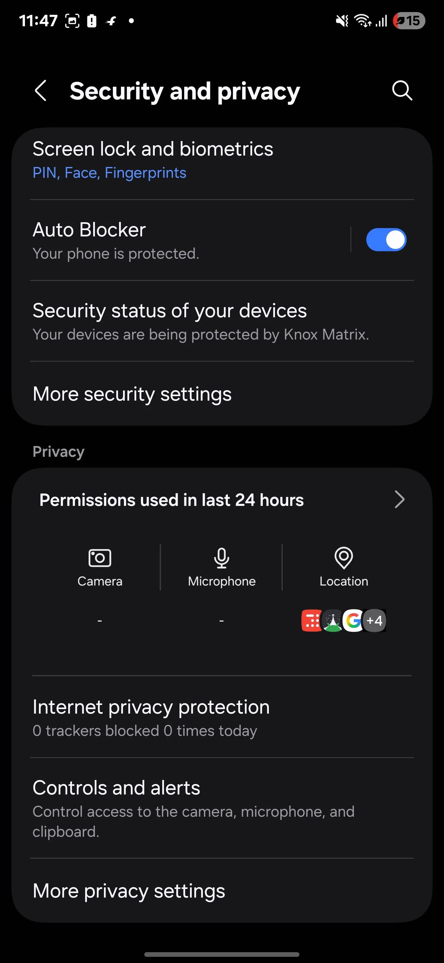 Giao diện cài đặt "Bảo mật và quyền riêng tư" trên điện thoại Samsung Android