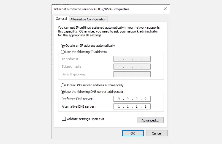 Giao diện cài đặt DNS tùy chỉnh trên Windows 10 hoặc Windows 11 để thay đổi máy chủ DNS.