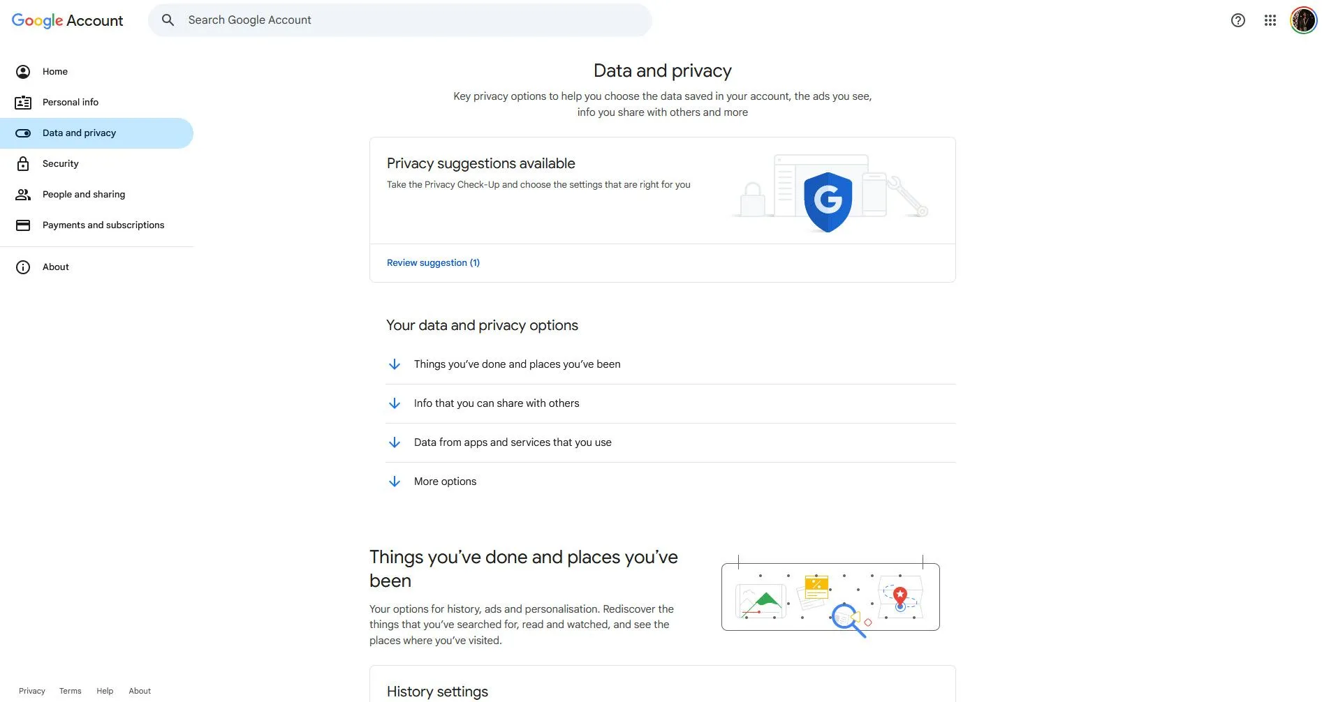 Giao diện cài đặt Dữ liệu và quyền riêng tư trong tài khoản Google