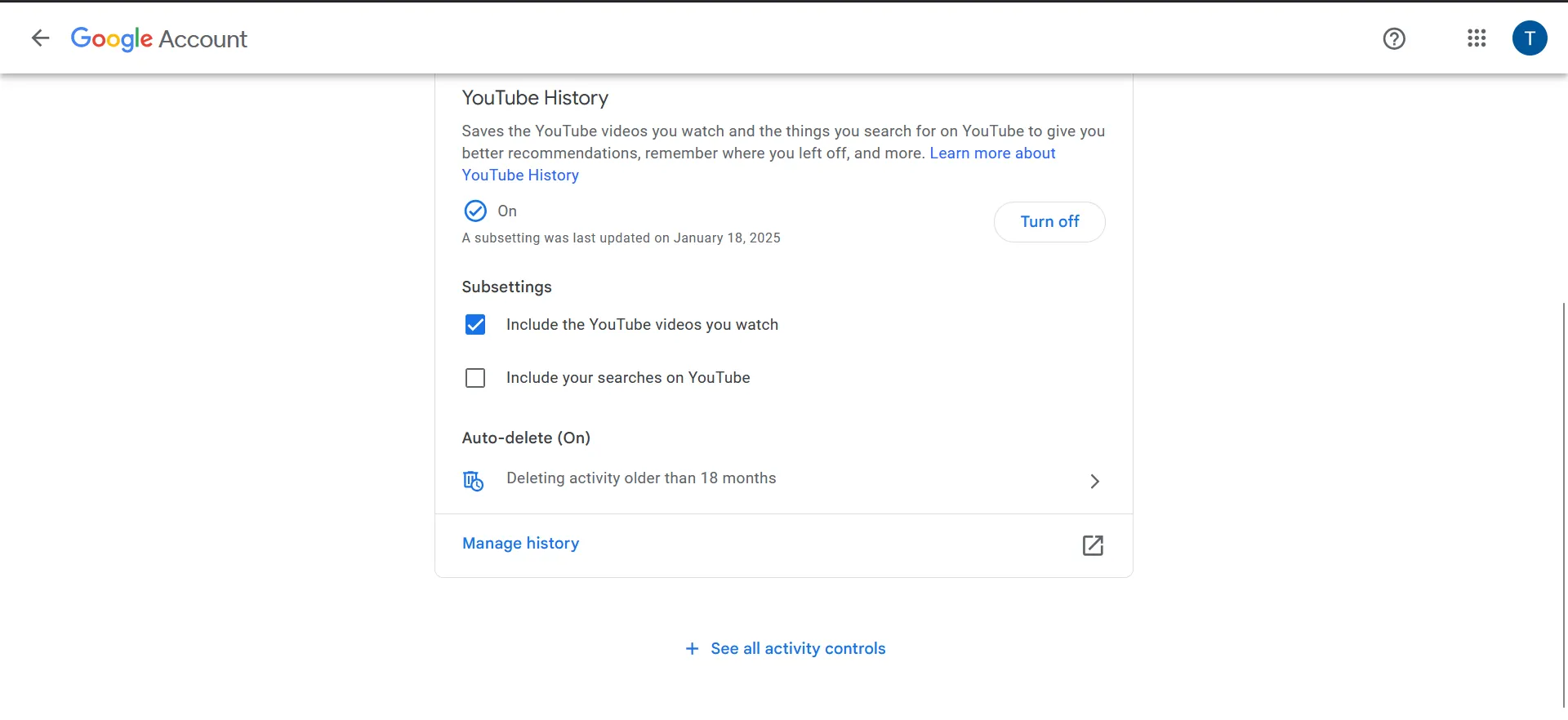Giao diện cài đặt kiểm soát lịch sử hoạt động YouTube của bạn