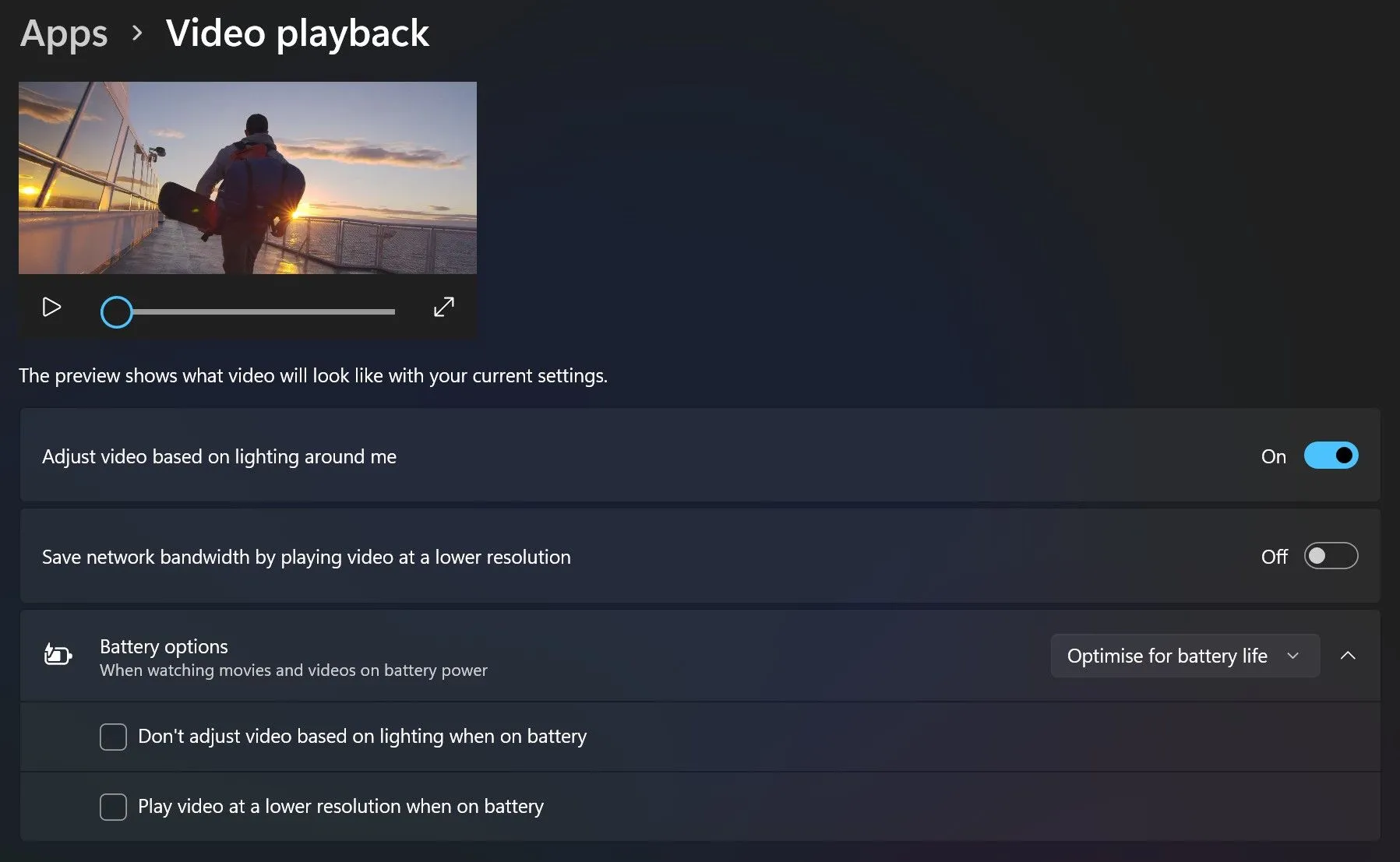 Giao diện cài đặt phát video trên Windows 11