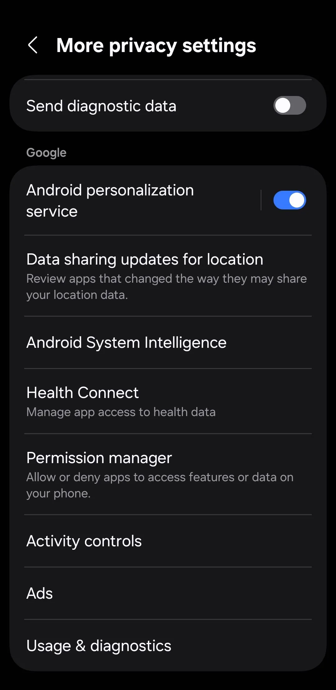 Giao diện cài đặt quyền riêng tư trên điện thoại Android với các tùy chọn bảo mật