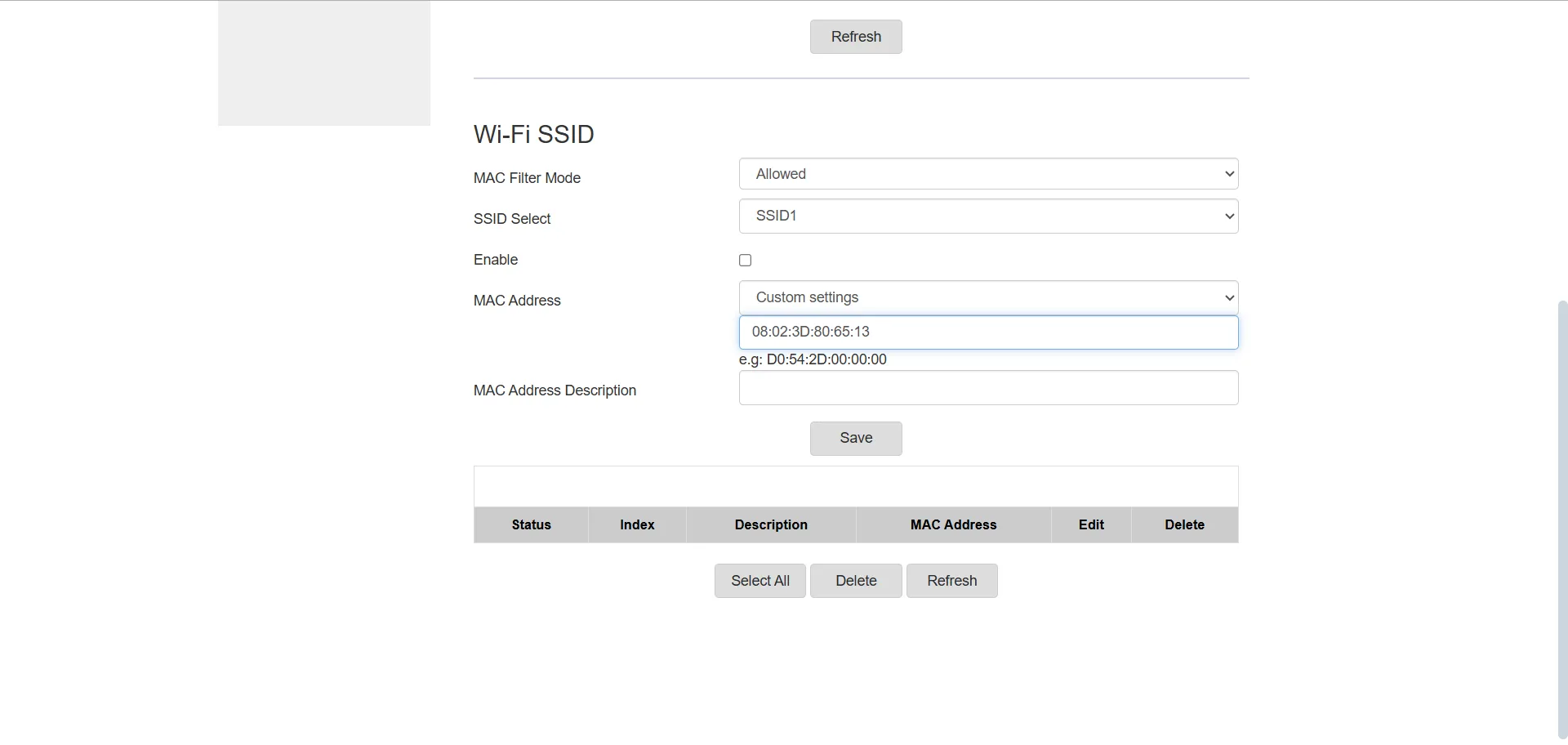 Giao diện cài đặt router, nơi thêm địa chỉ MAC của thiết bị được phép vào danh sách lọc để chặn người dùng WiFi lạ