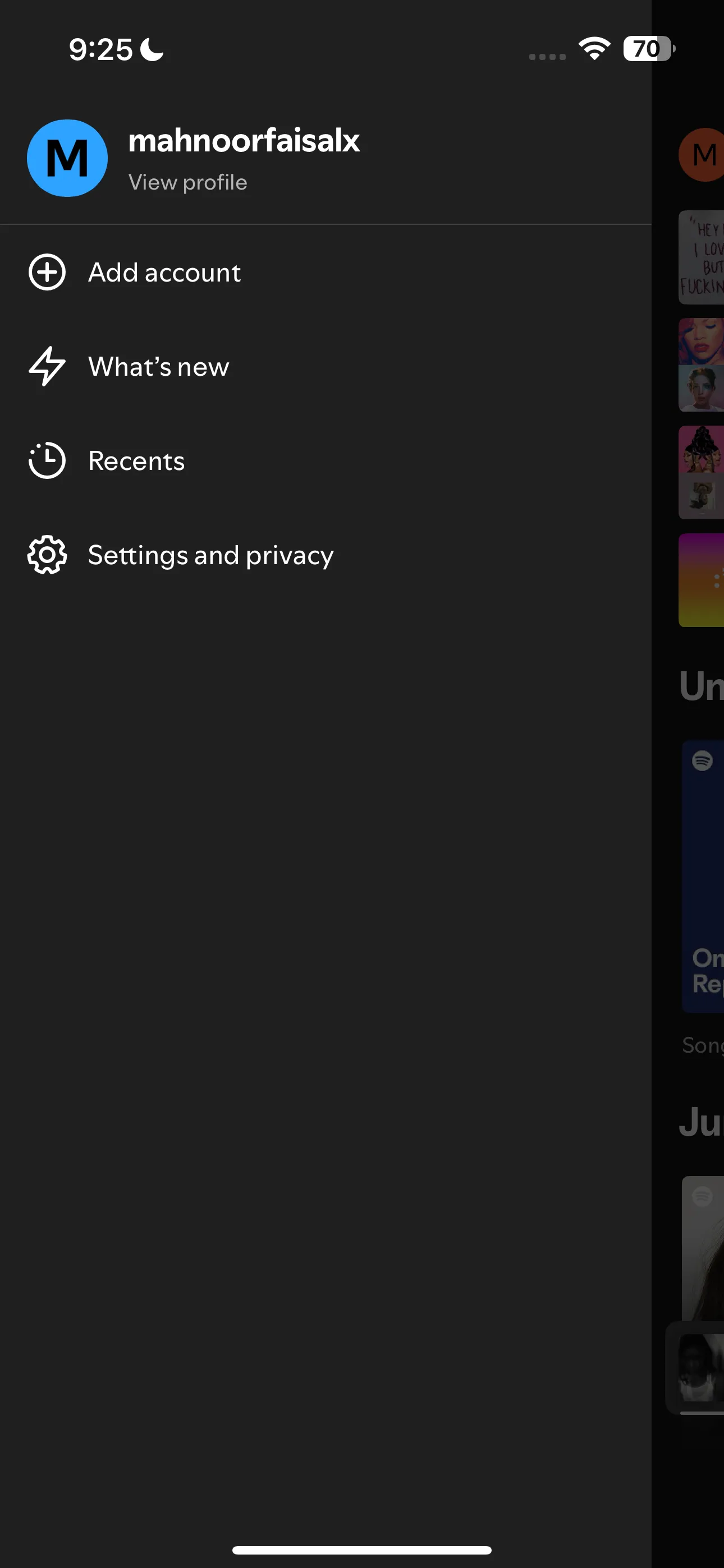 Giao diện cài đặt Spotify, chọn mục Cài đặt và quyền riêng tư