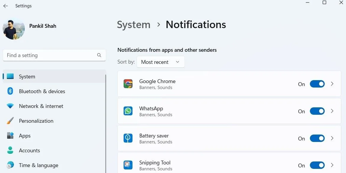 Giao diện cài đặt tắt thông báo ứng dụng trên Windows 11