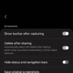 Giao diện cài đặt tính năng ảnh chụp màn hình trên Samsung One UI 6.1, hiển thị tùy chọn "Xóa sau khi chia sẻ" được bật