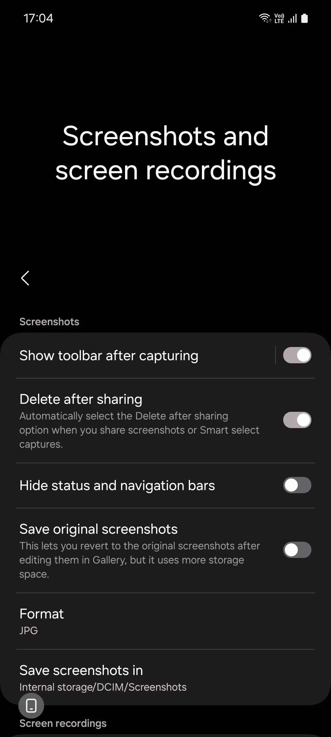 Giao diện cài đặt tính năng ảnh chụp màn hình trên Samsung One UI 6.1, hiển thị tùy chọn "Xóa sau khi chia sẻ" được bật