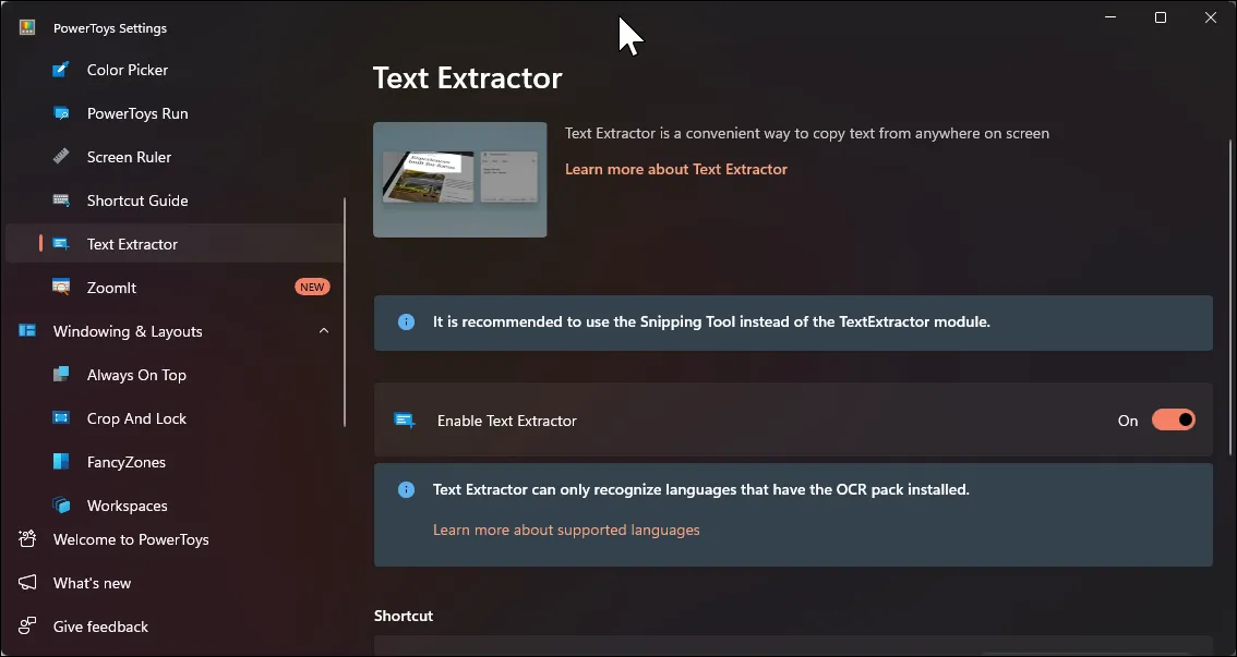 Giao diện cài đặt tính năng Text Extractor trong Microsoft PowerToys.