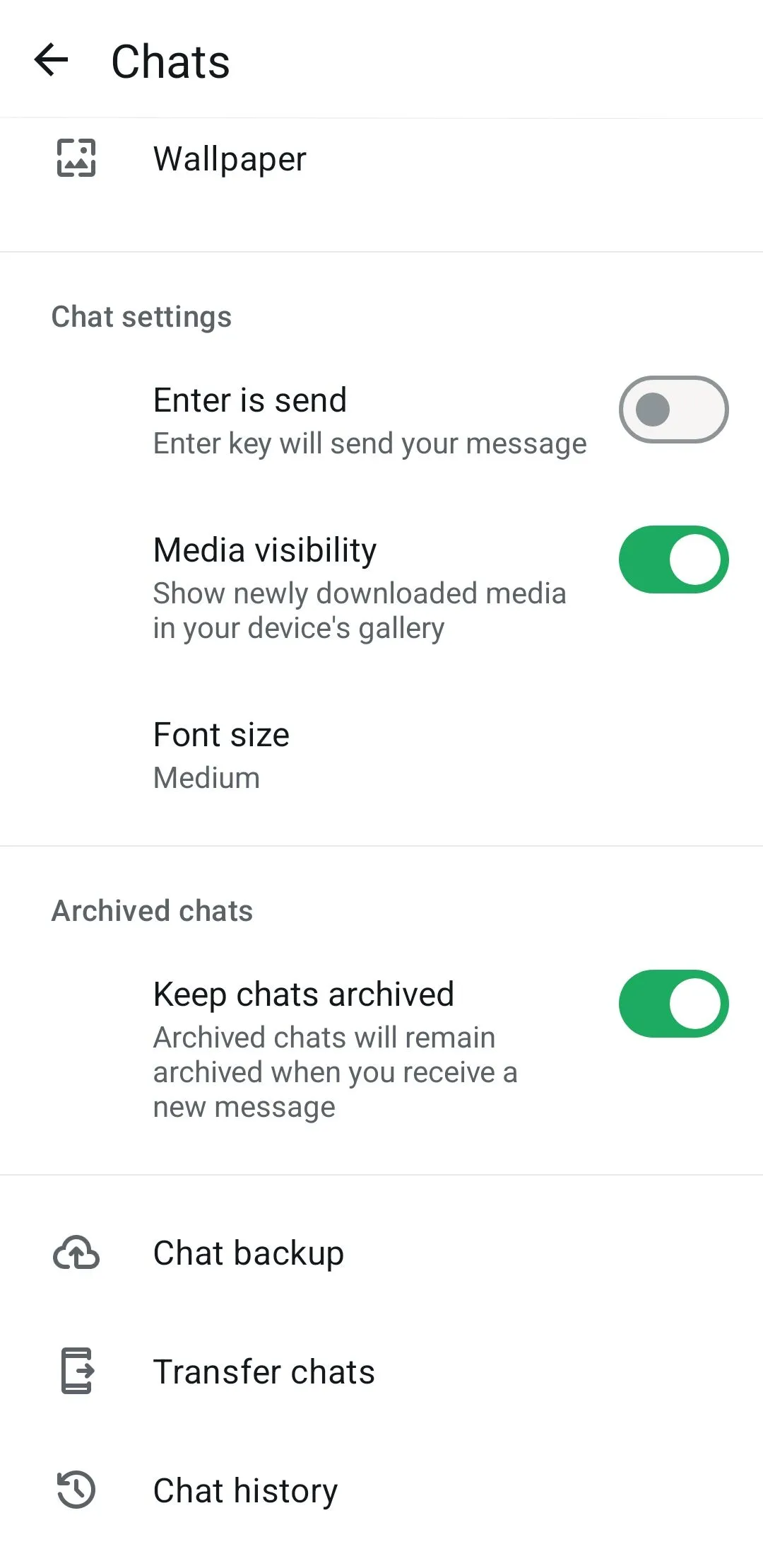 Giao diện cài đặt trò chuyện WhatsApp trên Android