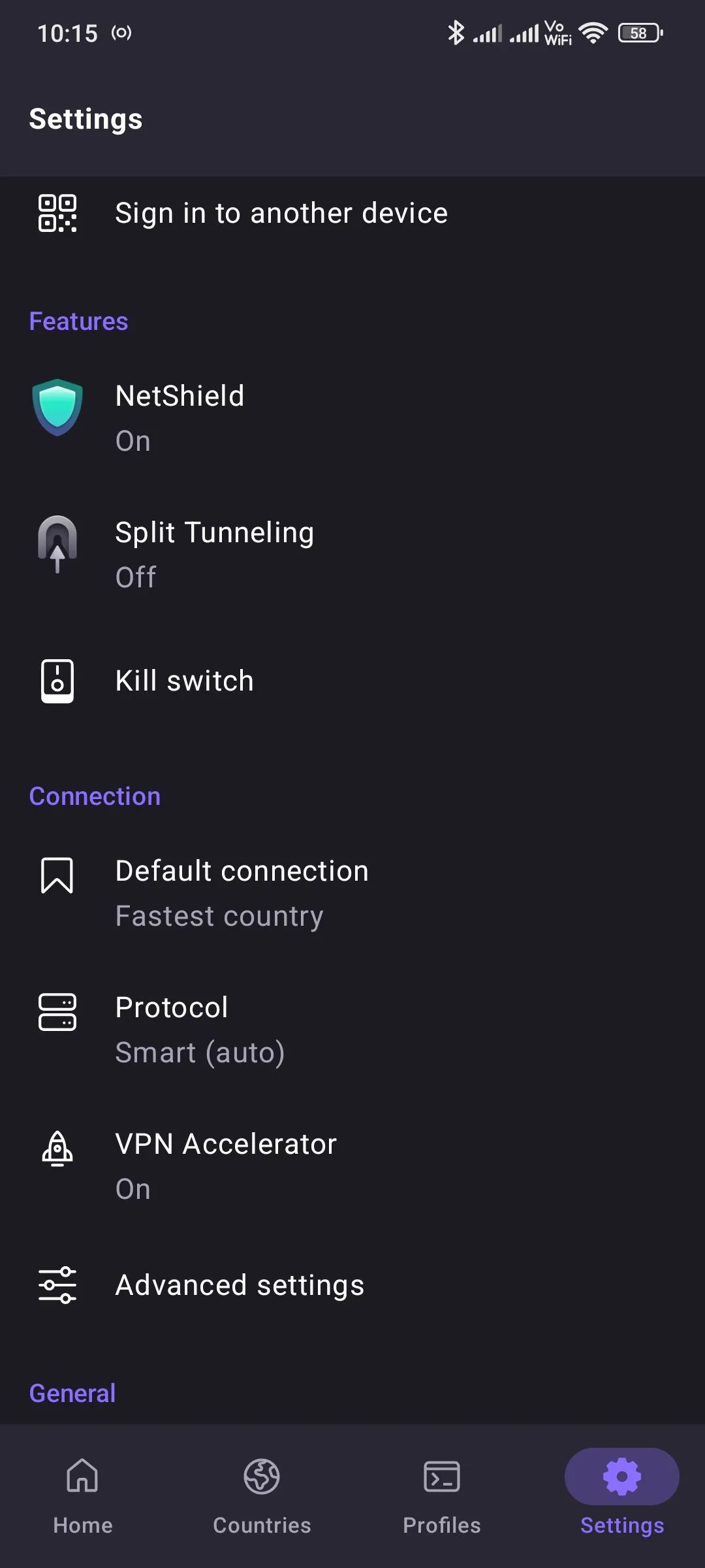 Giao diện cài đặt ứng dụng Proton VPN, thể hiện các tùy chọn cấu hình.