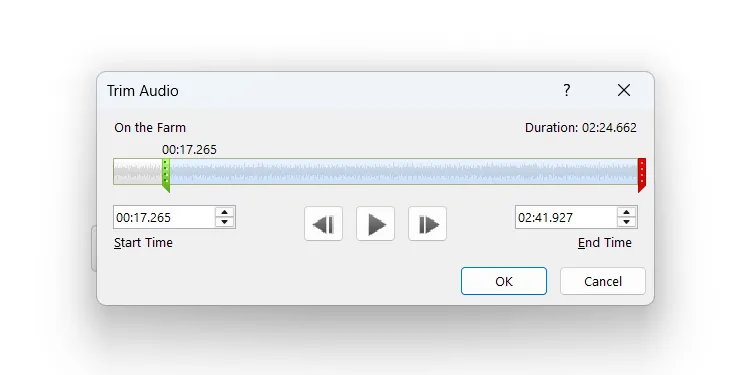 Giao diện cắt và điều chỉnh thời lượng âm thanh trực tiếp trong PowerPoint.