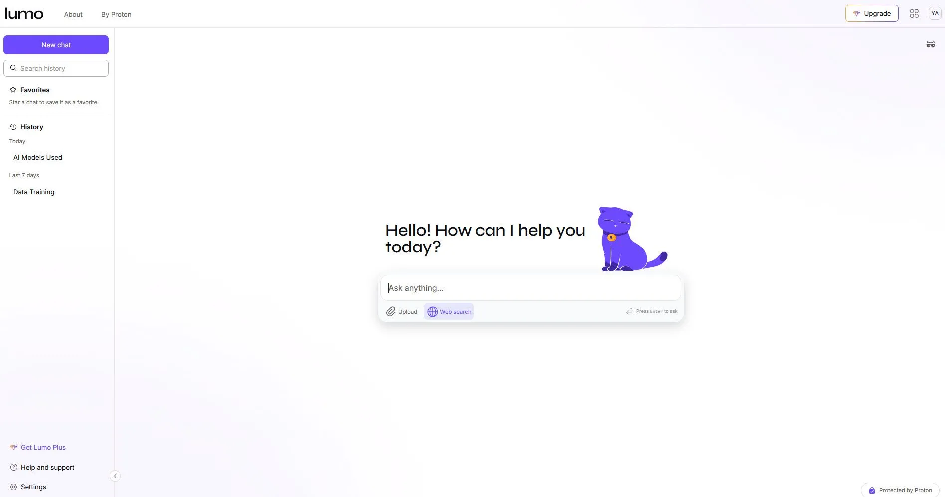 Giao diện chatbot Lumo AI với các tính năng bảo mật quyền riêng tư của người dùng