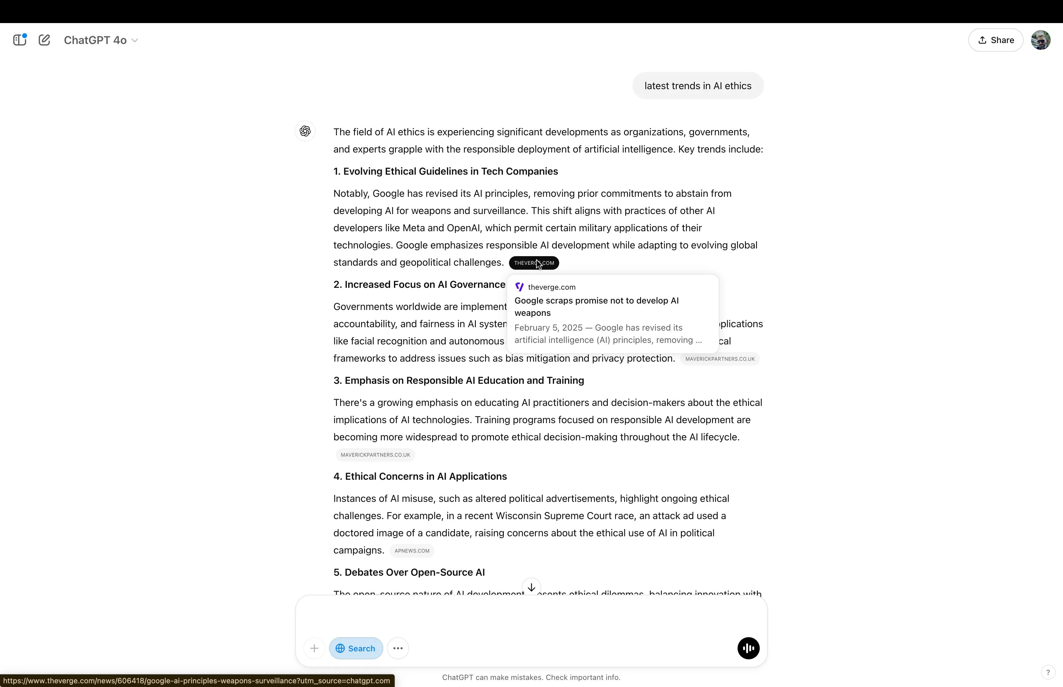 Giao diện ChatGPT hiển thị kết quả tìm kiếm với các trích dẫn nguồn cụ thể.