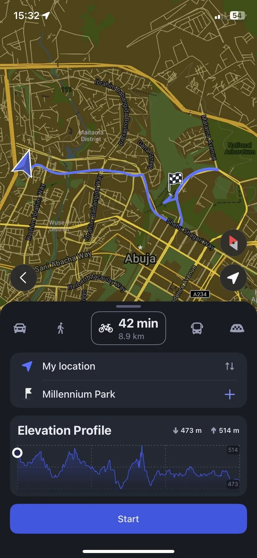 Giao diện chỉ đường dành cho xe đạp của MAPS.ME, minh họa khả năng hỗ trợ nhiều phương tiện di chuyển khi ngoại tuyến.