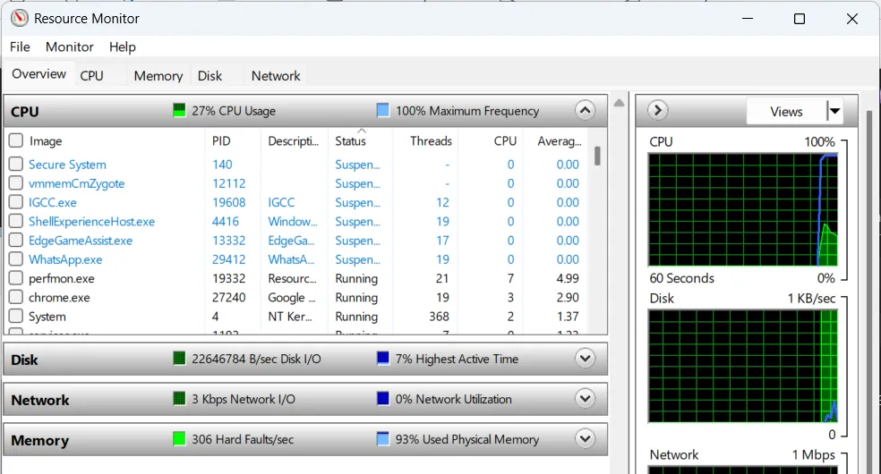 Giao diện chi tiết của công cụ Resource Monitor trên Windows