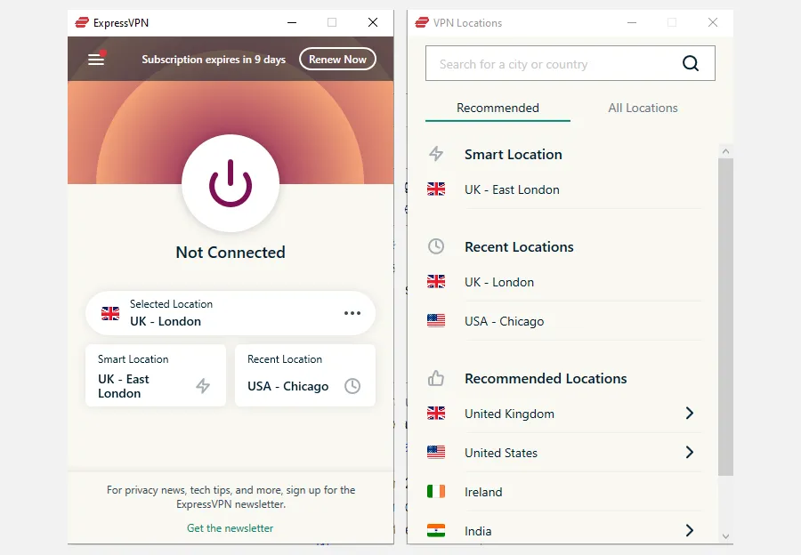 Giao diện chính của ExpressVPN với danh sách máy chủ, hỗ trợ bảo vệ eSIM hiệu quả.