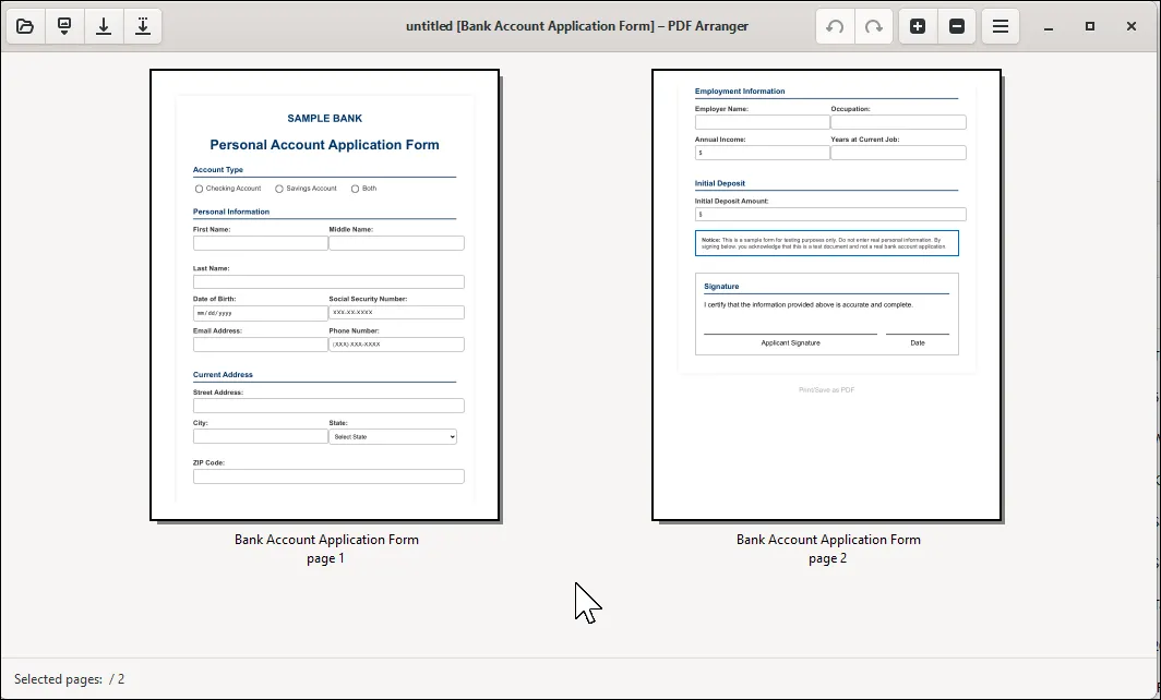 Giao diện chính của PDF Arranger hiển thị các trang PDF dưới dạng hình thu nhỏ, cho phép người dùng dễ dàng sắp xếp lại và quản lý tài liệu.