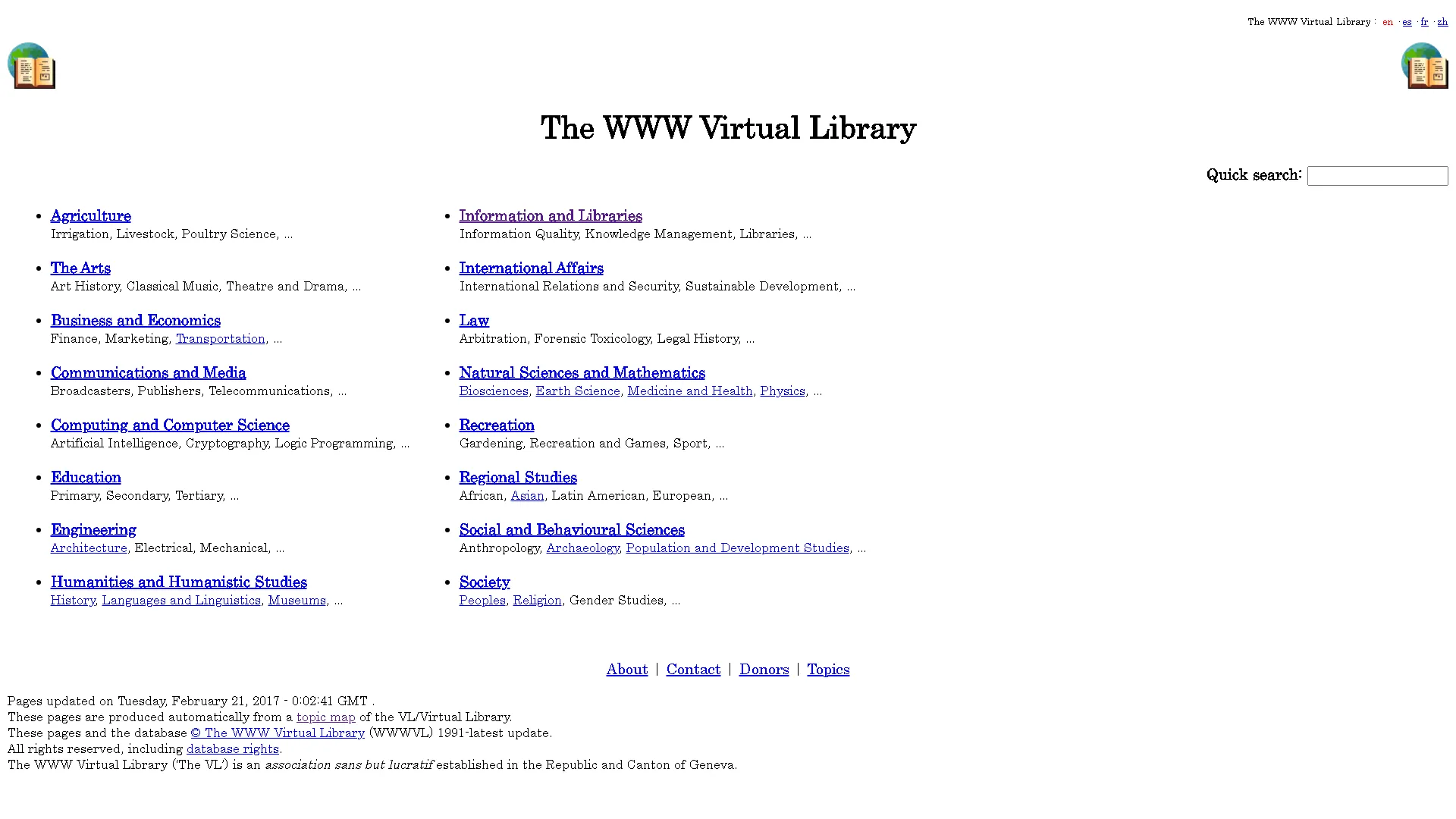 Giao diện chính của Thư viện ảo World Wide Web, chỉ mục web đầu tiên