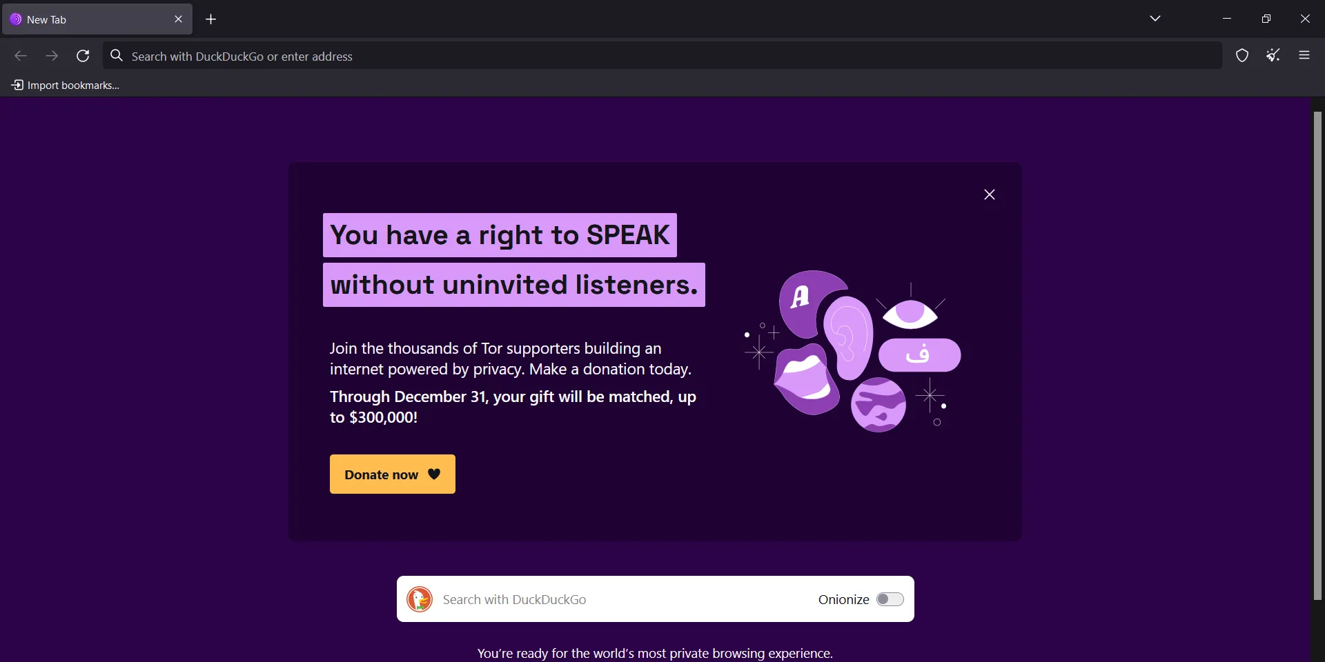Giao diện chính của Tor Browser thể hiện khả năng duyệt web ẩn danh và bảo mật cao.