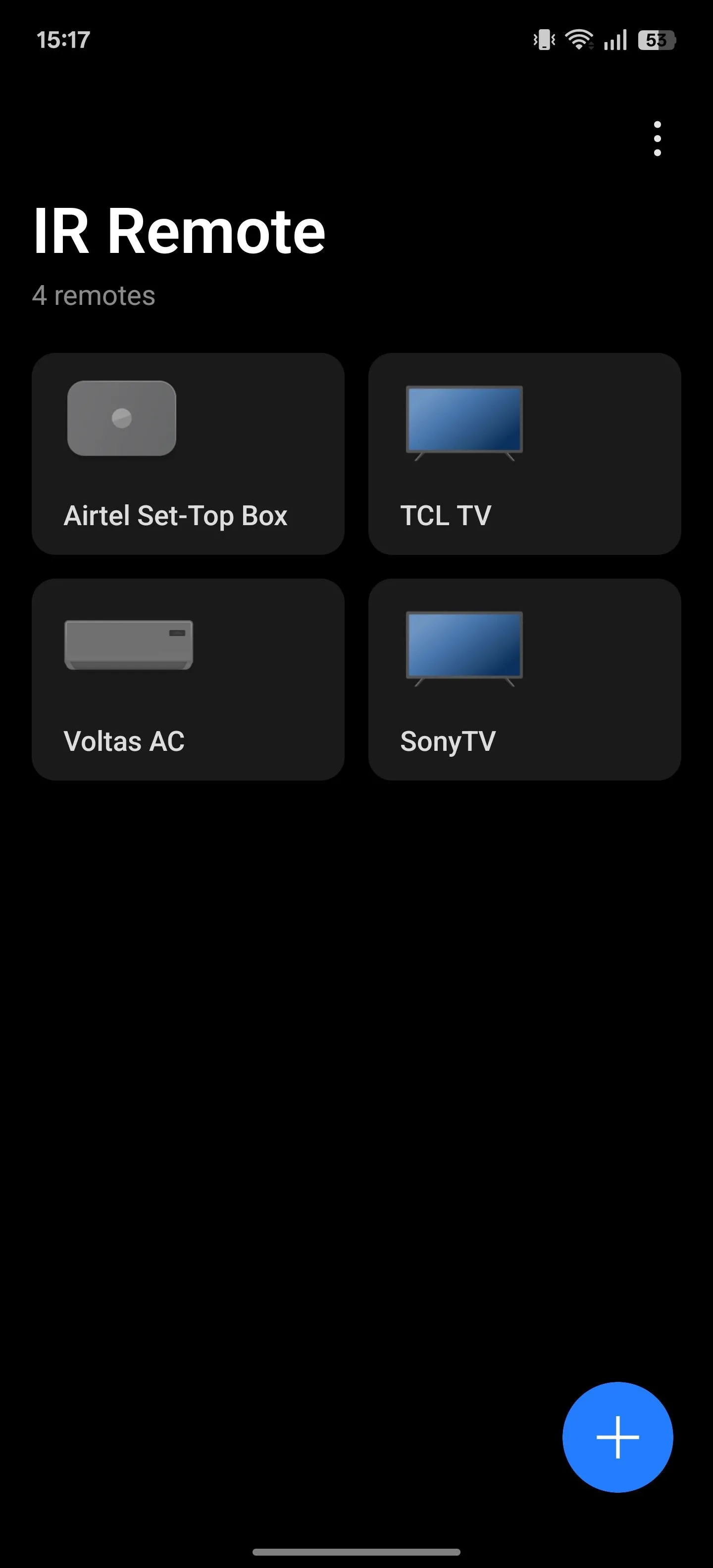 Giao diện chính của ứng dụng IR Remote, hiển thị các nút điều khiển.