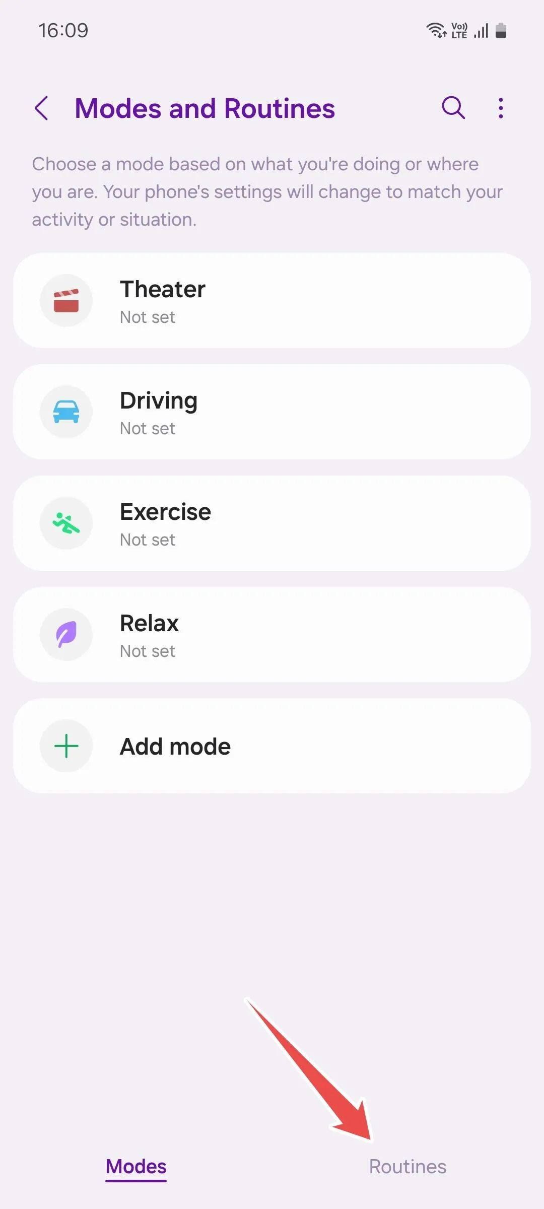 Giao diện chính của ứng dụng Modes and Routines trên điện thoại Samsung Galaxy