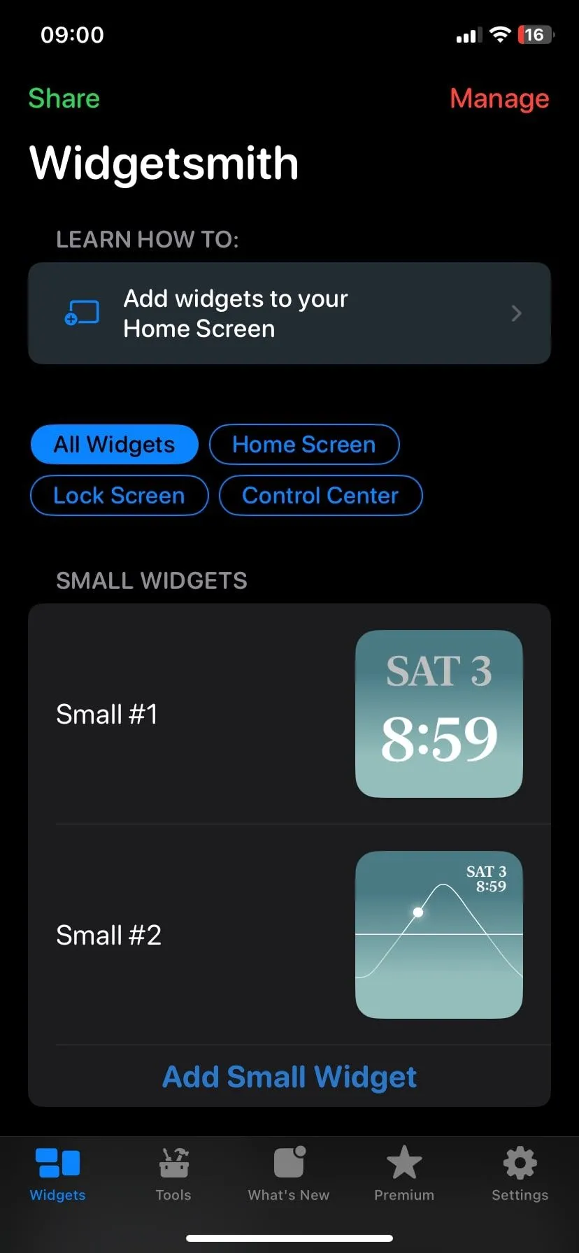 Giao diện chính của ứng dụng Widgetsmith trên iPhone, nơi người dùng có thể tạo và quản lý các widget tùy chỉnh.