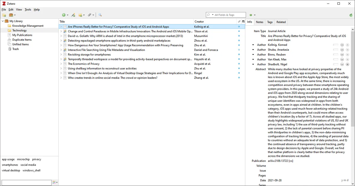 Giao diện chính của Zotero, phần mềm quản lý tài liệu tham khảo mã nguồn mở, hiển thị danh sách các trích dẫn và nguồn.