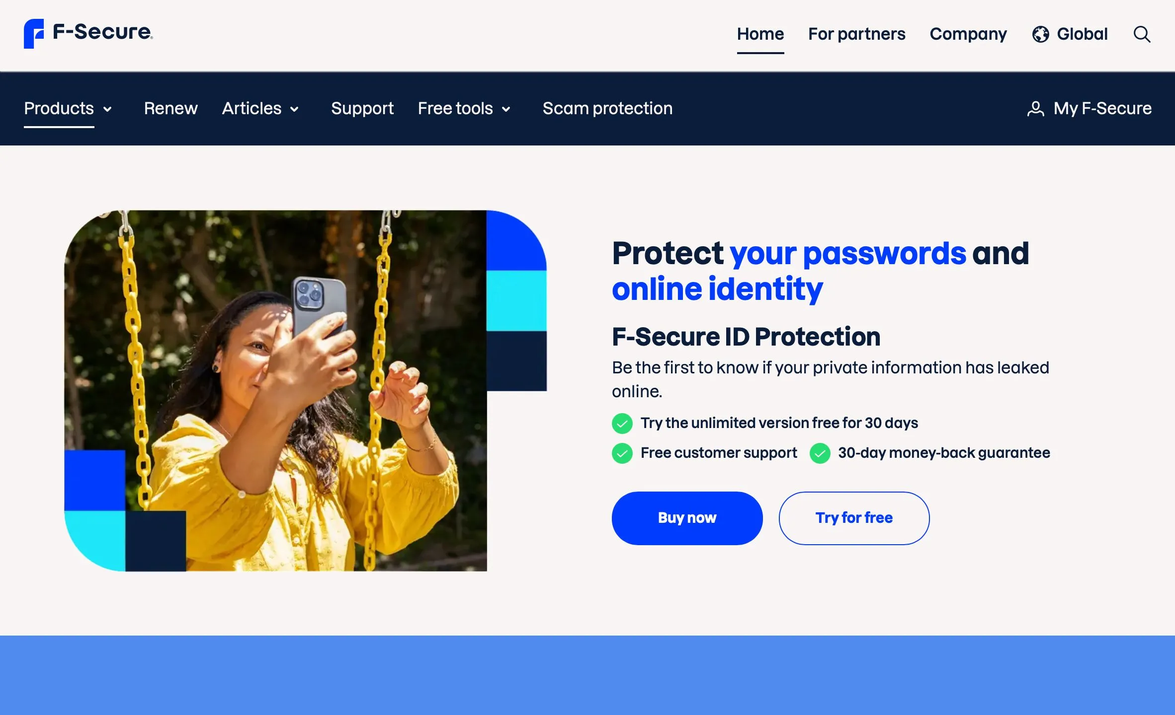 Giao diện chính dịch vụ bảo vệ danh tính F-Secure ID Protection hiển thị các tính năng giám sát