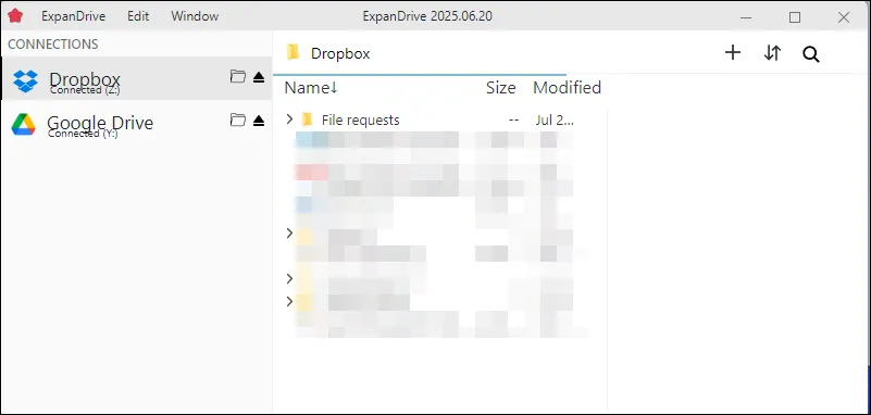 Giao diện chính ExpanDrive với cửa sổ Storage Browser mở trên Windows 11.