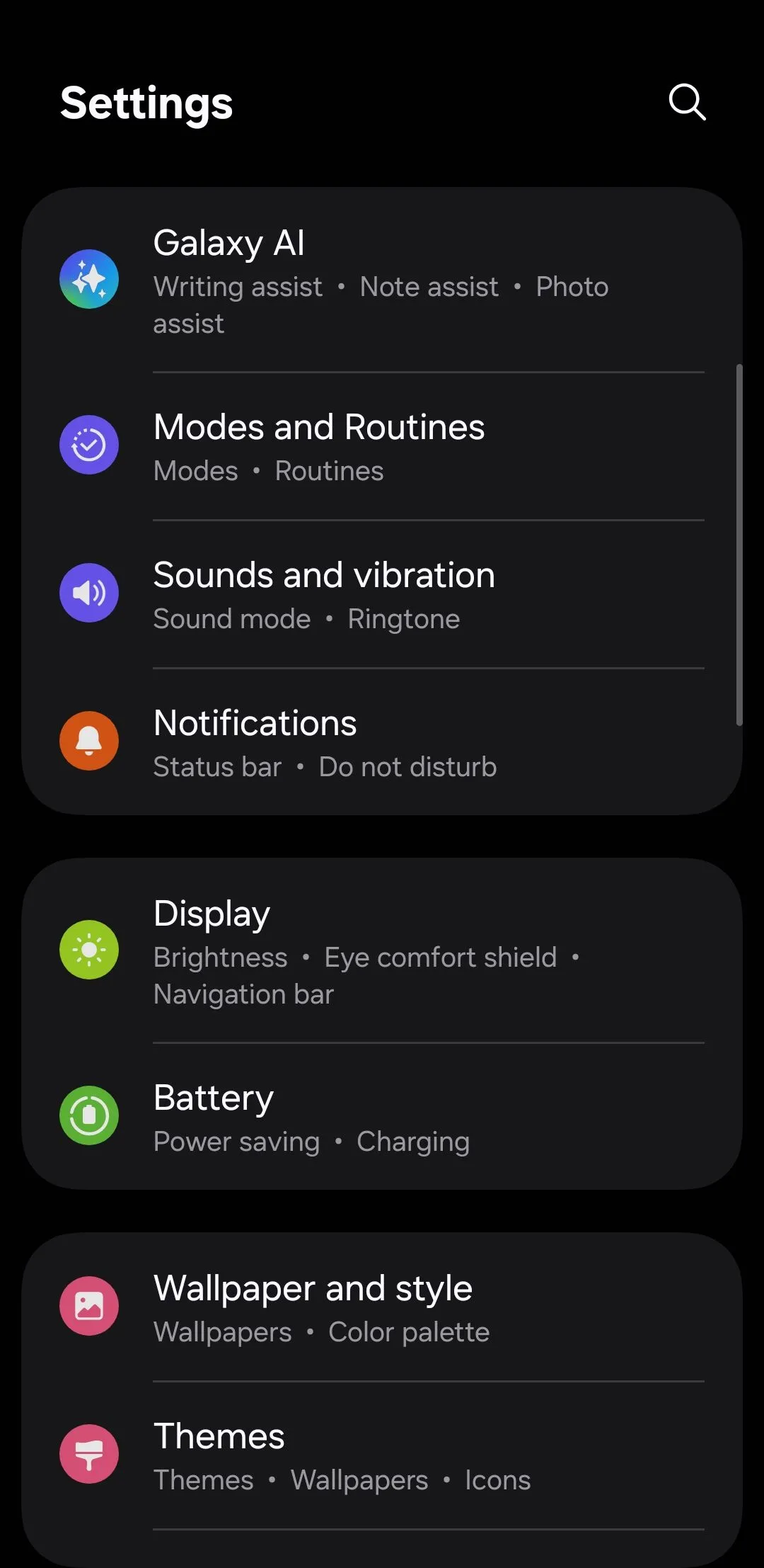 Giao diện chính menu Cài đặt trên điện thoại Android