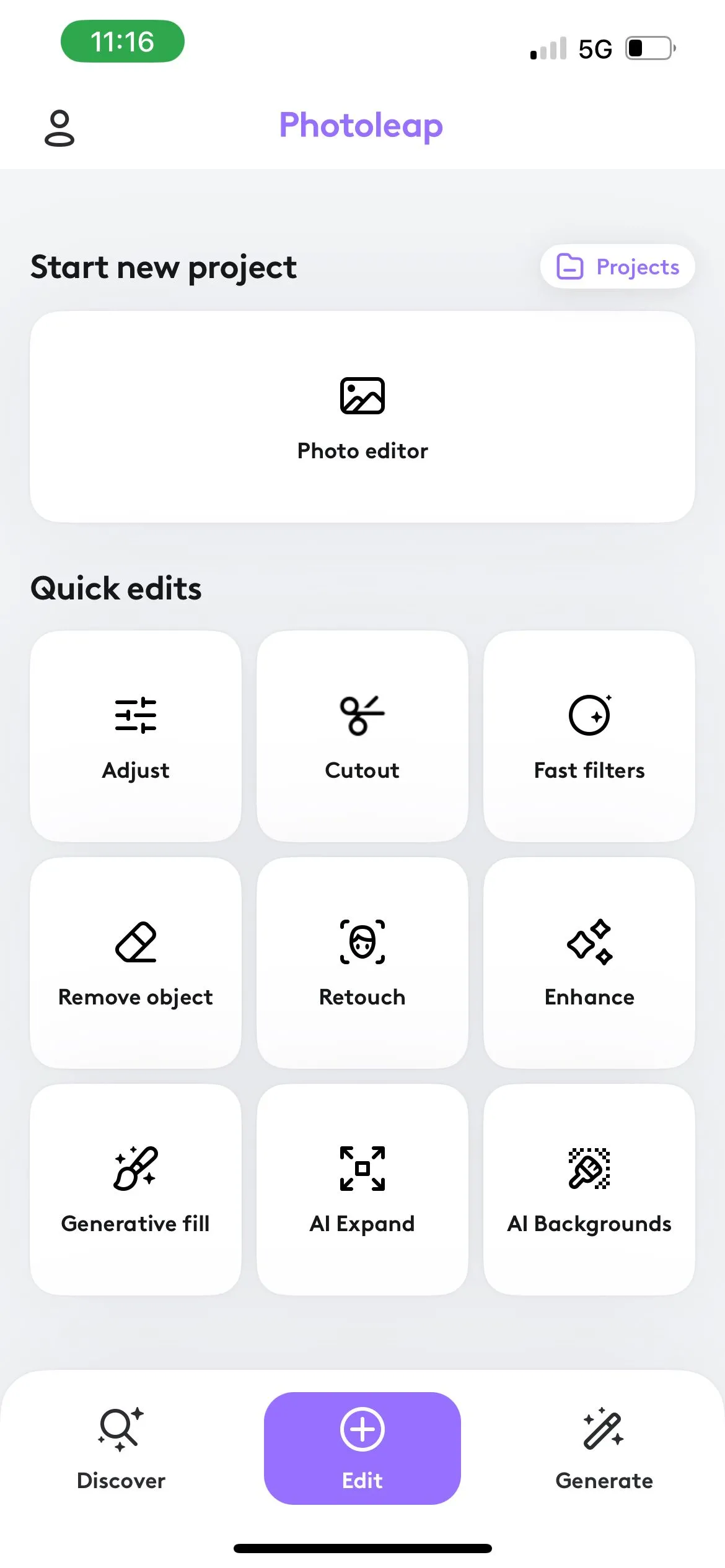 Giao diện chính Photoleap với các tùy chọn Discover, Edit và Generate