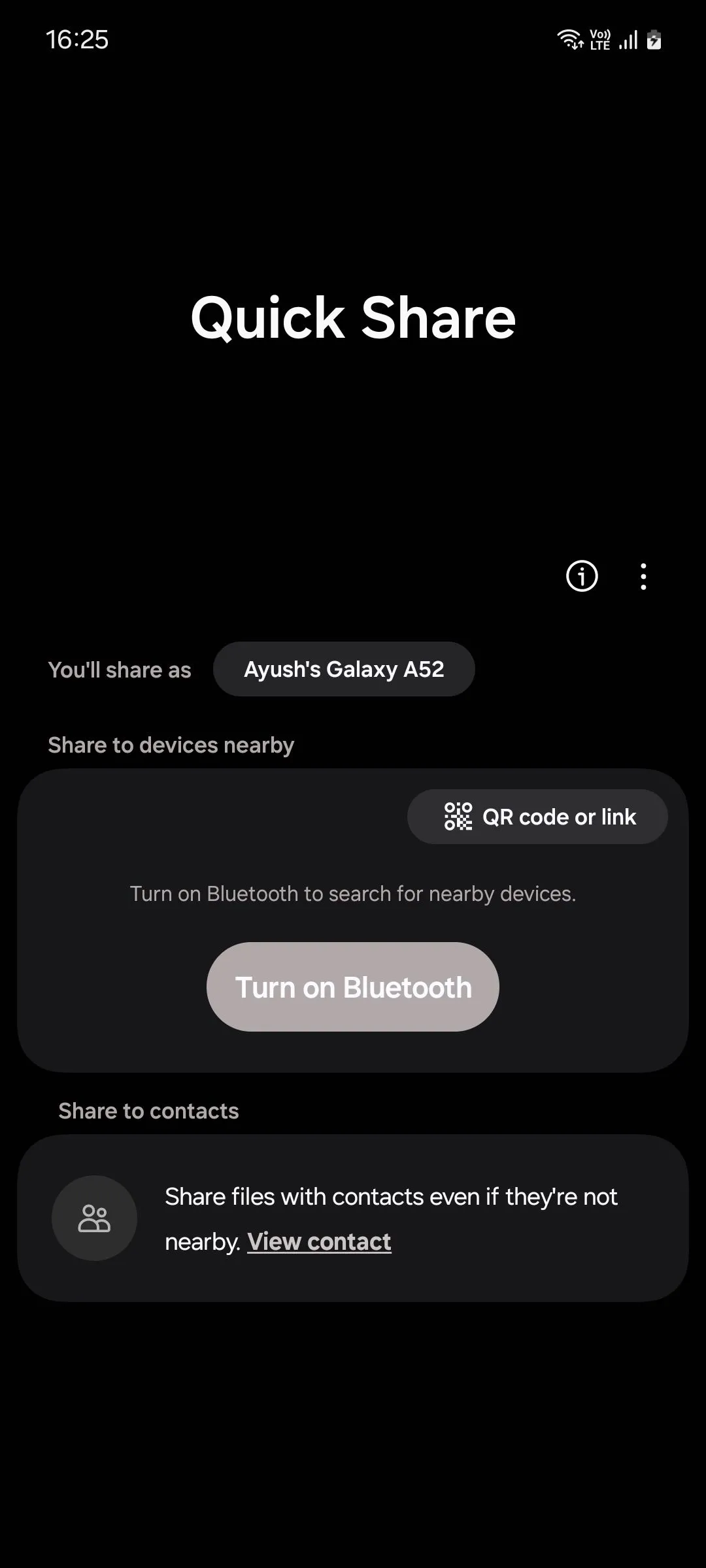Giao diện chính Quick Share Samsung với các tùy chọn chia sẻ file qua liên kết