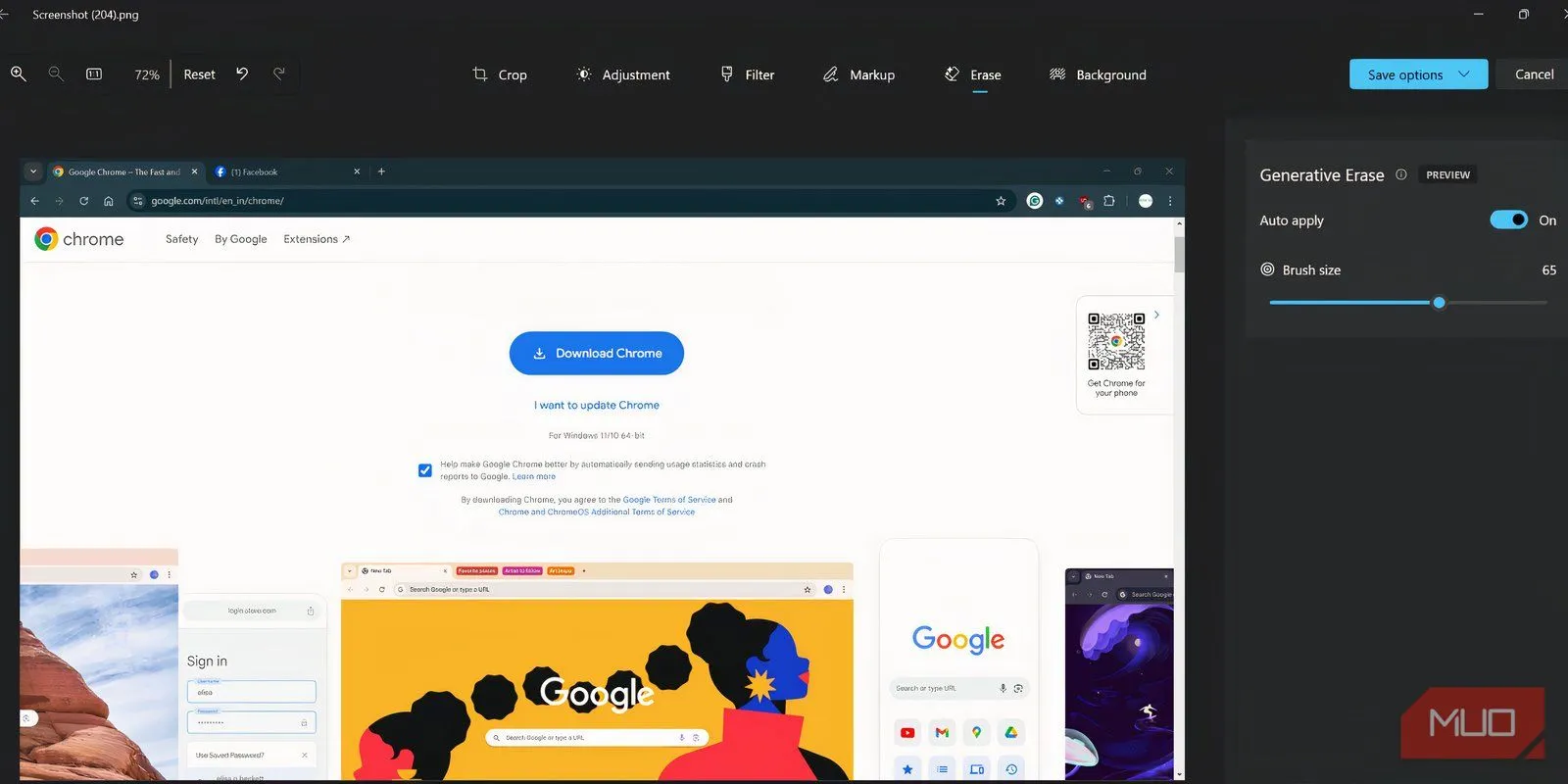 Giao diện chỉnh sửa ảnh trong ứng dụng Photos với tùy chọn Generative Erase được chọn