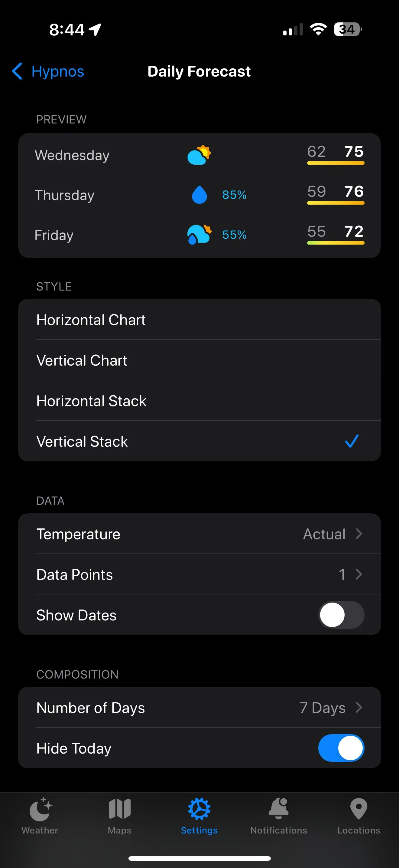 Giao diện chỉnh sửa chi tiết bố cục trong Carrot Weather trên iPhone, nơi người dùng có thể sắp xếp và lựa chọn loại dữ liệu thời tiết muốn hiển thị.
