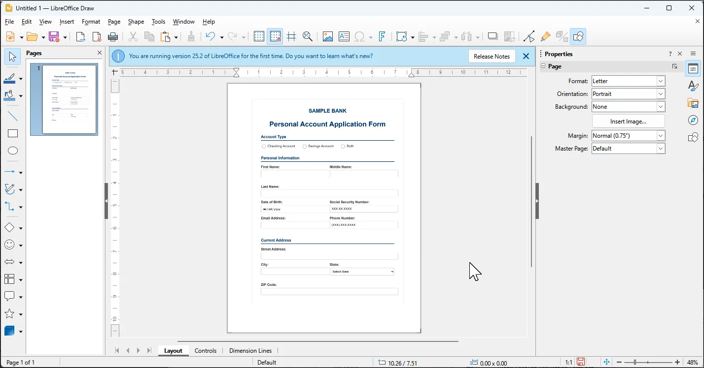 Giao diện chỉnh sửa file PDF trong LibreOffice Draw, hiển thị các công cụ và thanh công cụ để thao tác với văn bản và đối tượng đồ họa.