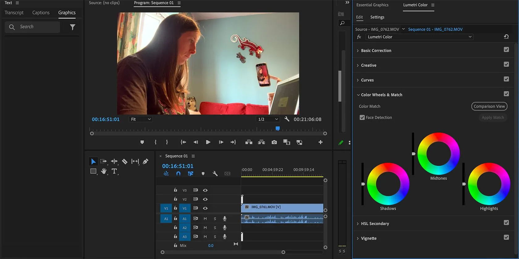 Giao diện chỉnh sửa màu sắc trong Adobe Premiere Pro, phần mềm gặp vấn đề tương thích với Snapdragon X Elite.